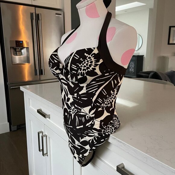 Next One Piece Floral Print Nylon Elastane Swim Suit Chocolate Brn Cream 34B UK - Picture 2 of 11